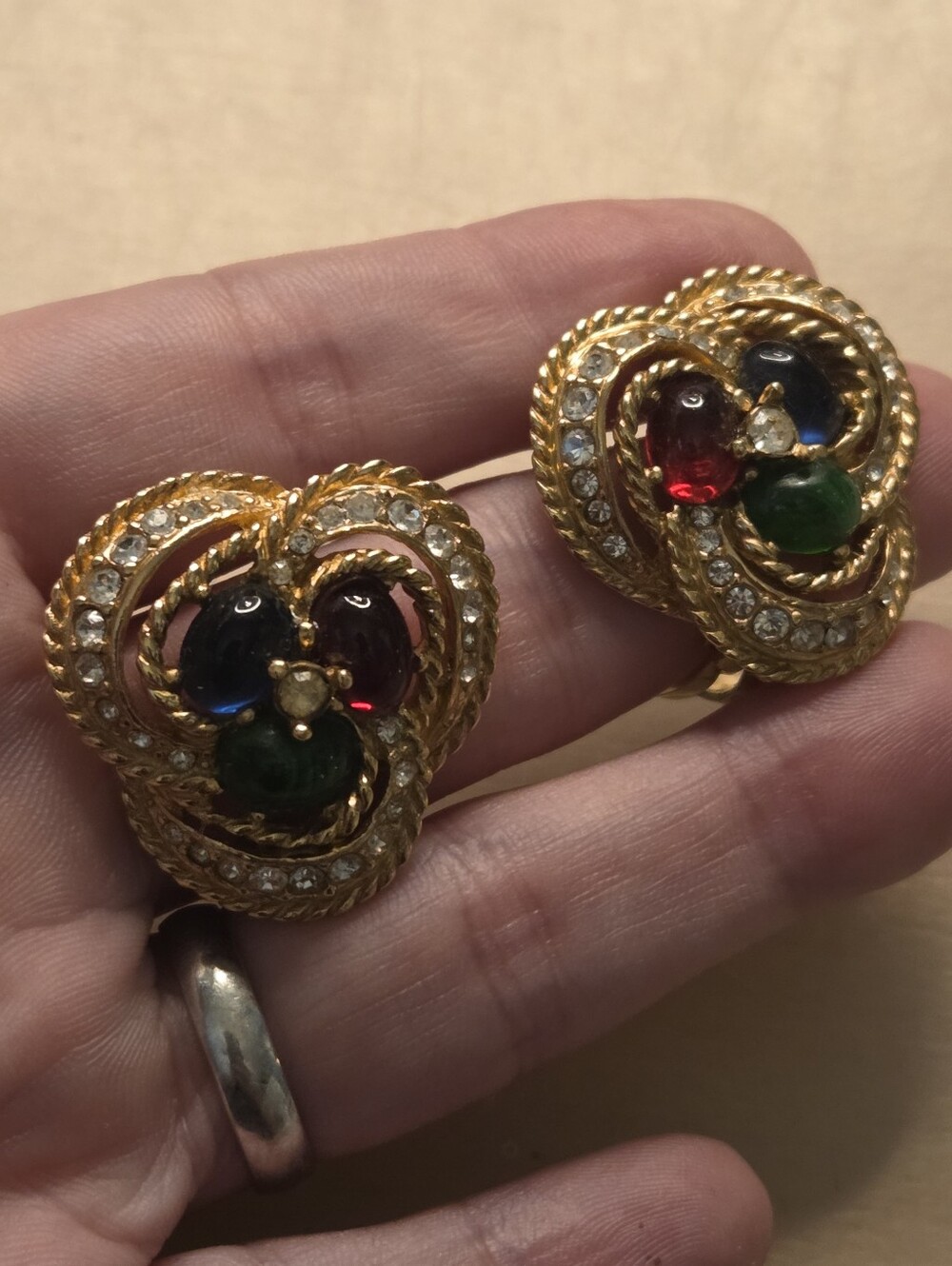 Vintage Ciner Multicolor Cabochon Rhinestone Gold Tone Clip On Earrings